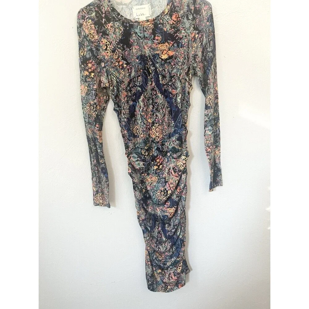 Nicole Miller Artelier Dress Size Small Floral Blue Ruched Long Sleeve Midi $199